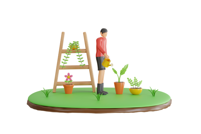 Man Watering Plants  3D Illustration