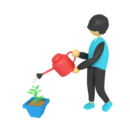 Man Watering plants in pots  3D Illustration