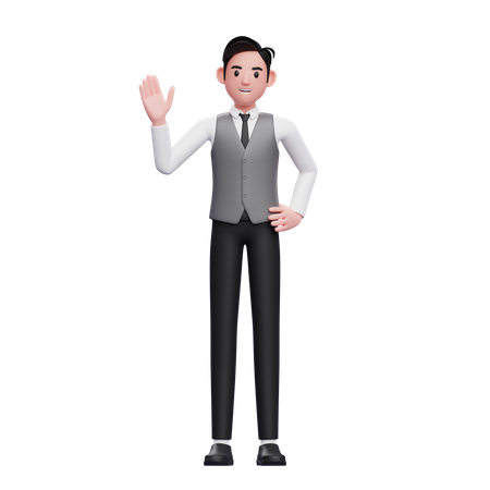 Man waving hand saying Hello wearing a gray office vest  3D Icon