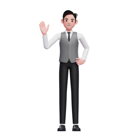 Man waving hand saying Hello wearing a gray office vest 3D Illustration