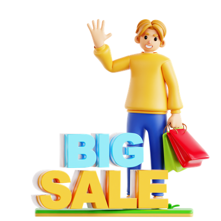 Man Waving Hand While Doing Shopping In Big Sale  3D Icon