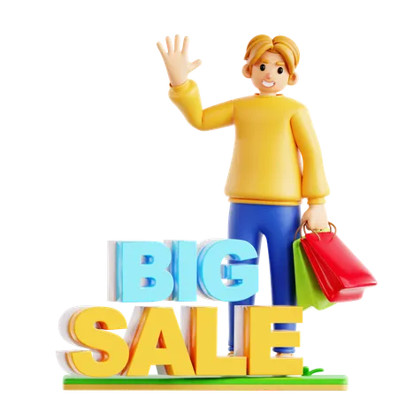 Man Waving Hand While Doing Shopping In Big Sale  3D Icon