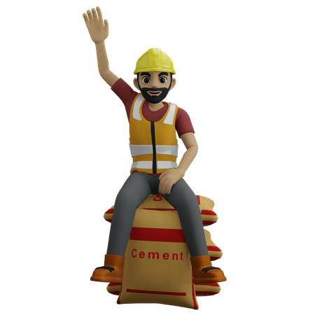 Man Waving Hand While Sitting On Cement Bag  3D Illustration