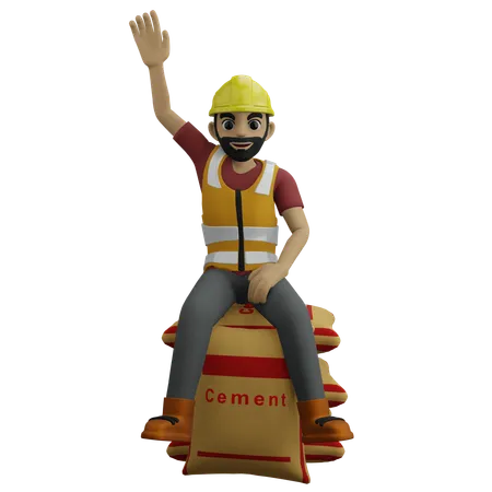 Man Waving Hand While Sitting On Cement Bag  3D Illustration