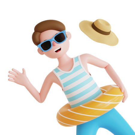 Man waving hand while using floating ring 3D Illustration