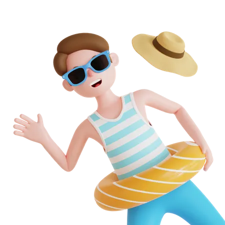 Man waving hand while using floating ring  3D Illustration