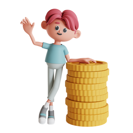 Man Waving While Leaning On Coin Stack  3D Illustration