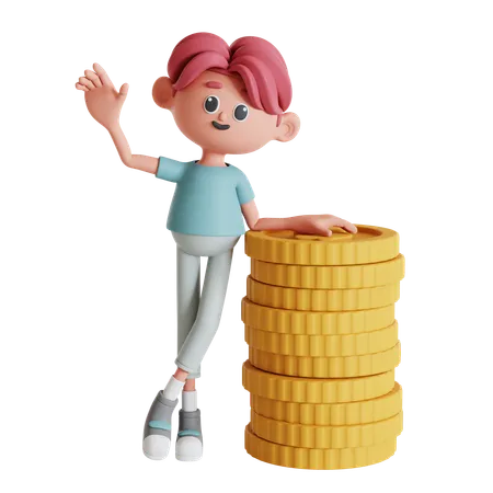 Man Waving While Leaning On Coin Stack  3D Illustration
