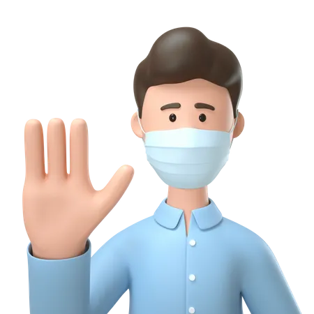 Man wearing medical mask and showing stop hand gesture  3D Illustration