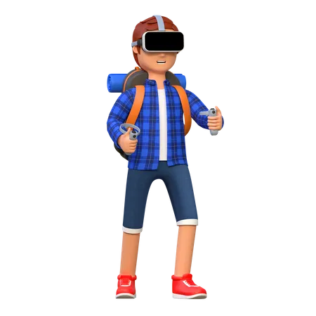 Backpacker Wearing Virtual Reality Headset While Playing 3 D Cartoon Character Illustration 3D Illustration