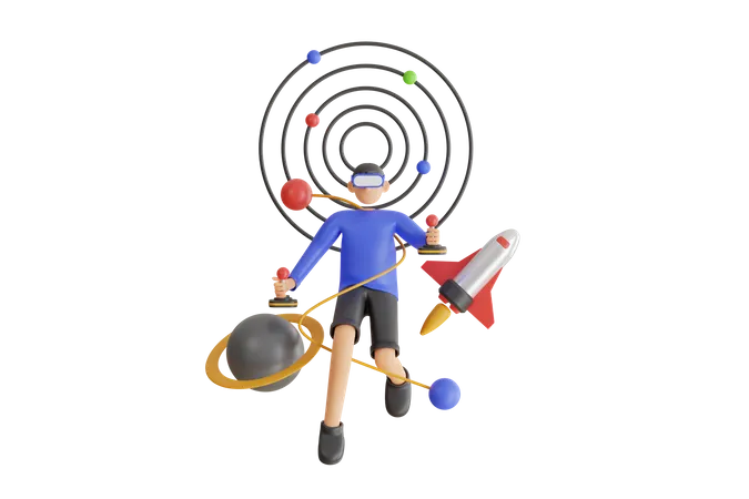 Guy Wearing VR Headset Exploring World And Galaxy Studying Astronomy Via Augmented Reality 3 D Illustration 3D Illustration