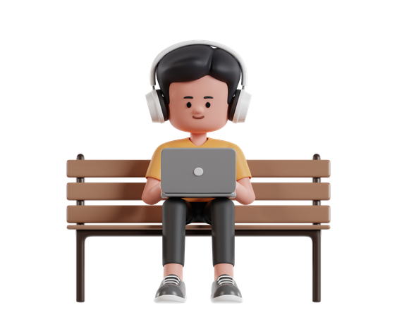Man Wearing Yellow T Shirt Working With Laptop Sitting On Park Bench While Enjoying Music  3D Icon