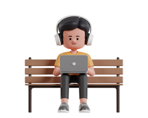 Man Wearing Yellow T Shirt Working With Laptop Sitting On Park Bench While Enjoying Music  3D Illustration