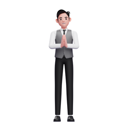 Man welcoming pose or namaste pose wearing a gray office vest 3D Illustration