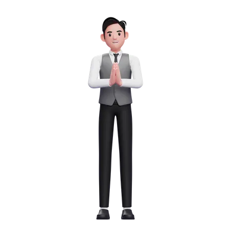Man welcoming pose or namaste pose wearing a gray office vest 3D Illustration