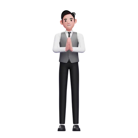 Man welcoming pose or namaste pose wearing a gray office vest  3D Illustration