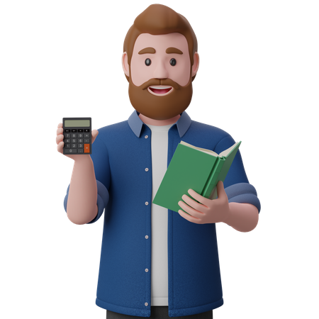 Man with a calculator and a book in his hands  3D Illustration