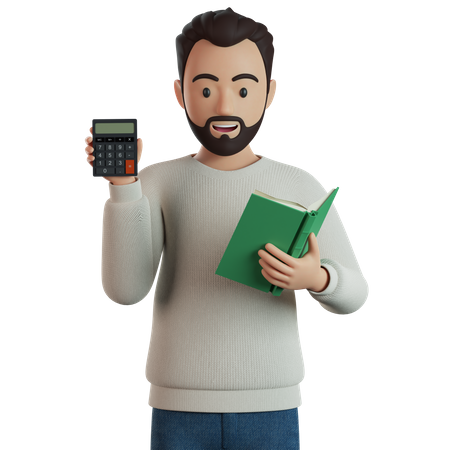 Man With A Calculator And A Book In His Hands 3D Illustration