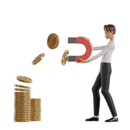 Man With A Magnet Attracts Dollar Coins  3D Icon