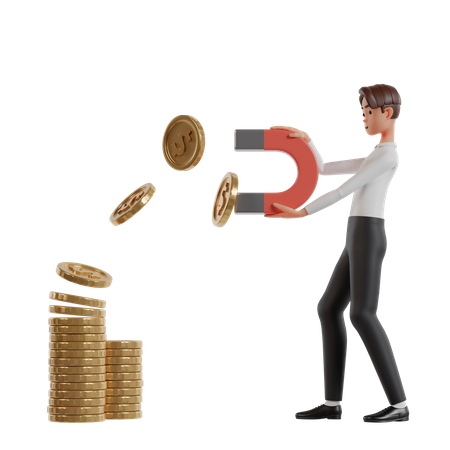 Man With A Magnet Attracts Dollar Coins  3D Illustration