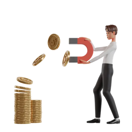 Businessman In Work Clothes Attracts Dollar Coins With Big Red Magnet 3D Illustration