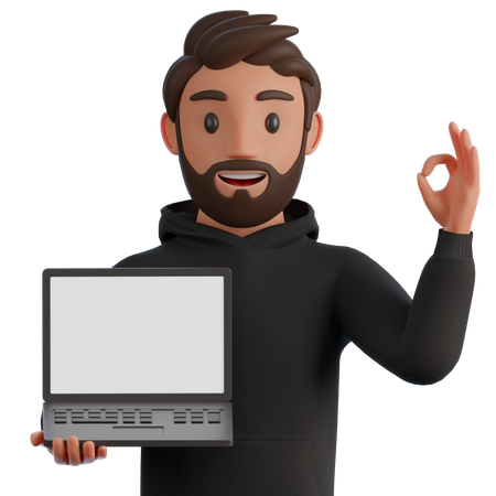 Man with an ok gesture showing business charts on a laptop screen  3D Icon