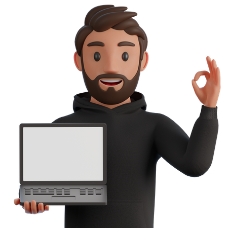 Man with an ok gesture showing business charts on a laptop screen  3D Illustration