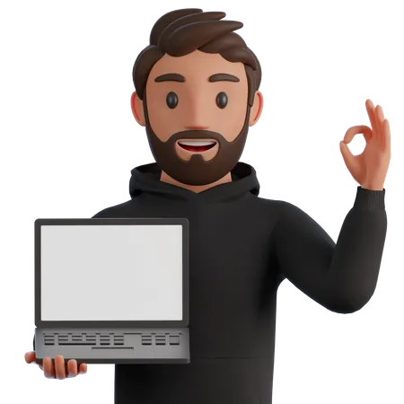Man With An Ok Gesture Showing Business Charts On A Laptop Screen 3 D Render Illustration 3D Illustration