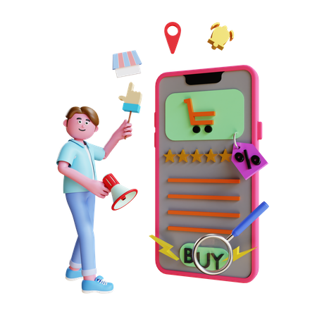Man with big phone doing digital marketing  3D Icon