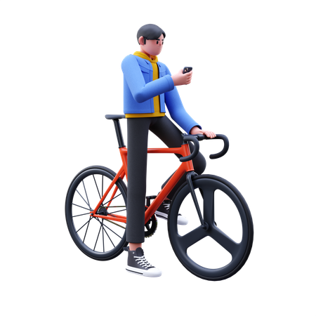 Man With Bike While Watching Mobile  3D Illustration