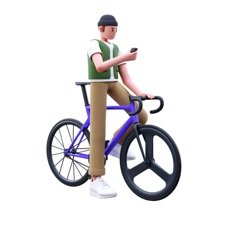 Man With Bike While Watching Mobile  3D Illustration