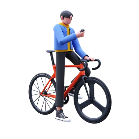 Man With Bike While Watching Mobile  3D Illustration