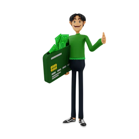 Man with card showing thumbs up 3D Illustration