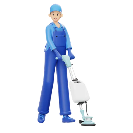 Man With Carpet Polisher  3D Illustration