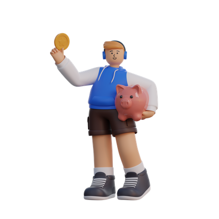 Man with Coin and Piggy Bank  3D Illustration