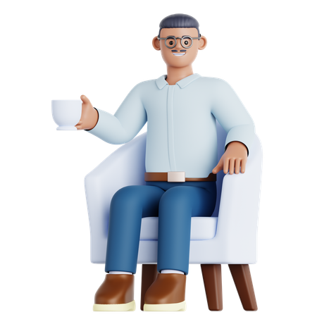 Man With Cup of Drink Sitting on Sofa  3D Illustration