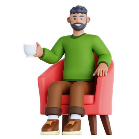 Man With Cup of Drink Sitting on Sofa  3D Illustration