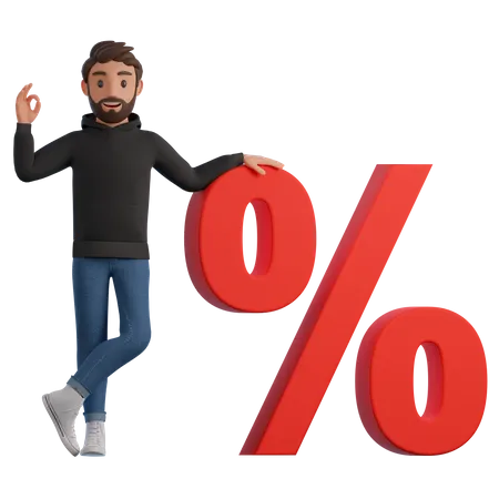 A Man In A Black Hoodie And Blue Jeans Is Standing Next To The Percent Symbol And Showing The Okay Gesture 3 D Render Illustration 3D Illustration