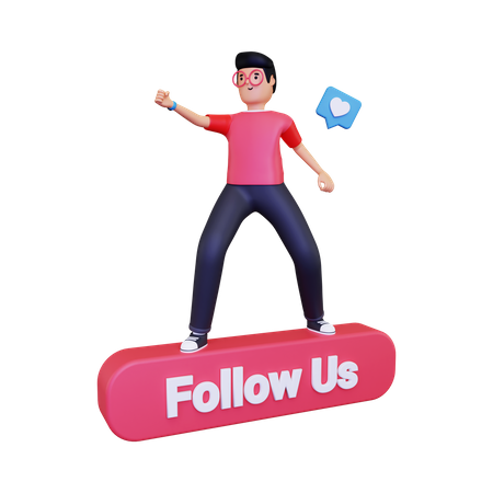 Man with Follow Us Button 3D Illustration