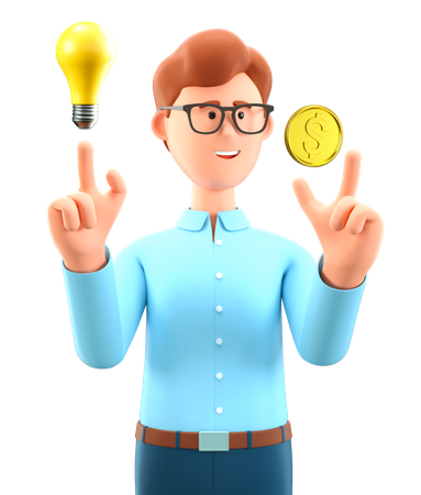 Man with gold coin and bulb  3D Illustration