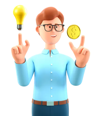 3 D Illustration Of Creative Man Pointing Finger At Gold Dollar Coin And Generating New Ideas For Making Money Cartoon Businessman Investor With Light Bulb Financial Solution And Growth Concept 3D Illustration