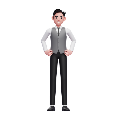 Man with hand on waist wearing a gray office vest  3D Illustration