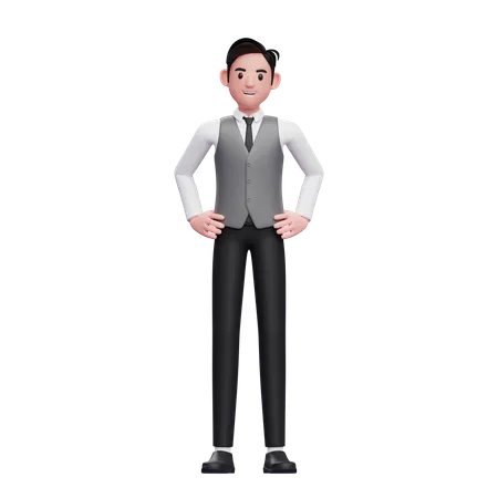 Man with hand on waist wearing a gray office vest  3D Illustration