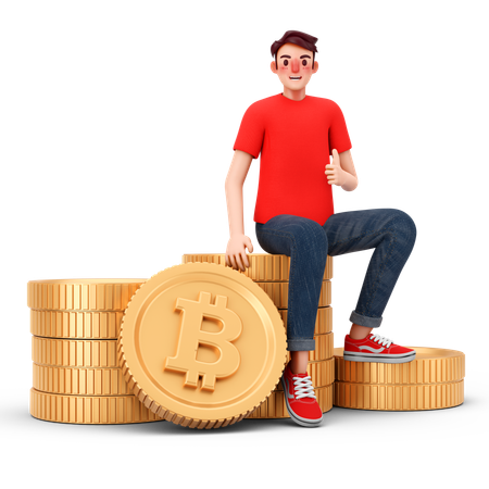 Man with huge bitcoin holding  3D Icon