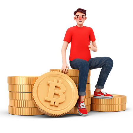 Man with huge bitcoin holding 3D Illustration