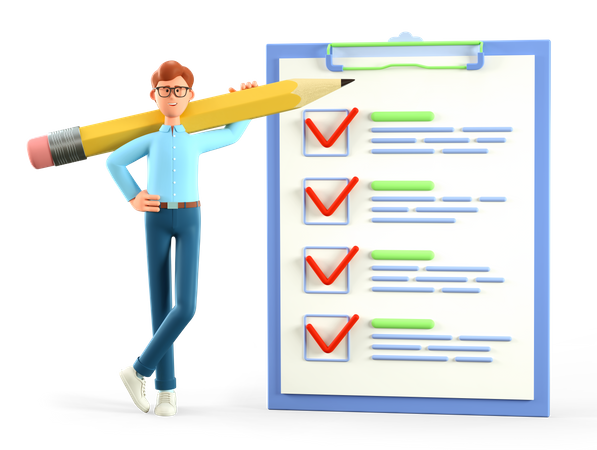 Man with huge pencil and giant marked checklist  3D Illustration