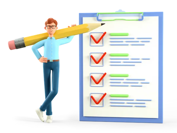 Man with huge pencil and giant marked checklist 3D Illustration
