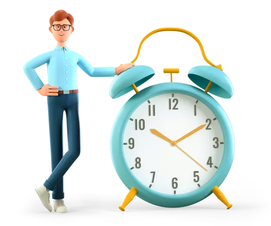3 D Illustration Of Smiling Man Standing Nearby A Huge Vintage Alarm Clock Cute Cartoon Businessman Solving Tasks And Reaching Goals Deadline Project Time Limit Business Solution Strategy Concept 3D Illustration
