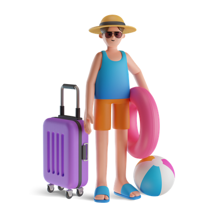 Man with inflatable ring and luggage 3D Illustration