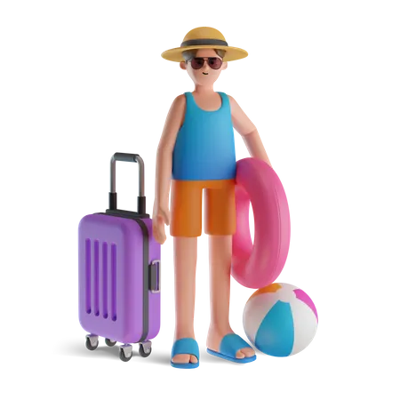 Man with inflatable ring and luggage  3D Illustration